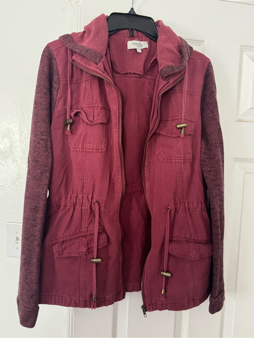 Charlotte Russe Maroon Hooded Utility Jacket with Knit Sleeves